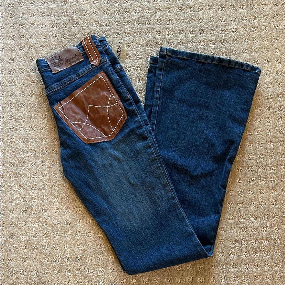 Stylish Blue Bootcut Jeans with Brown Leather Accent